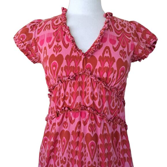 LA PLAGE Mallory Short Sleeve Tiered Maxi Dress XS Pink Red Woodblock Resort - Picture 2 of 9